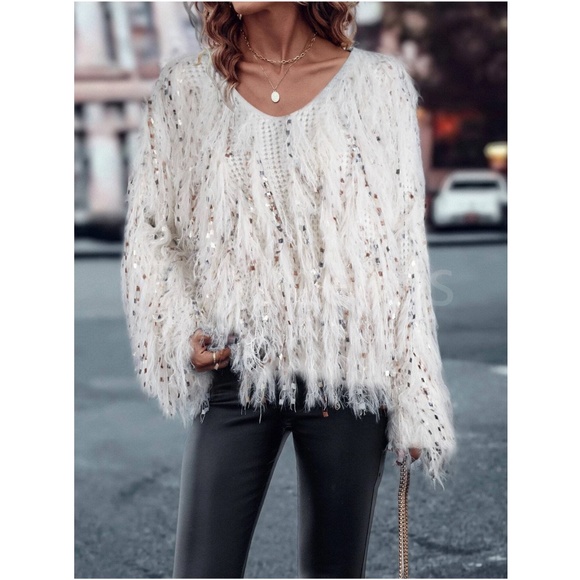 Fun Fuzzy Embellished Pullover Sweater V-Neck Off White - Picture 4 of 10